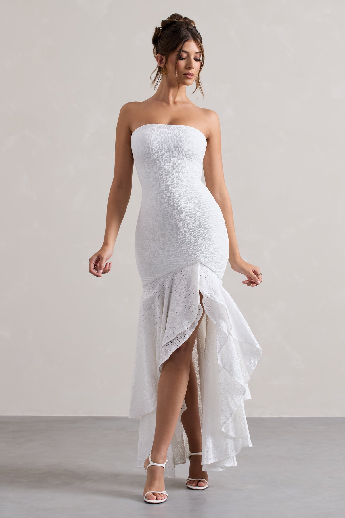 Solange | White Broderie Bandeau High-Low Maxi Dress