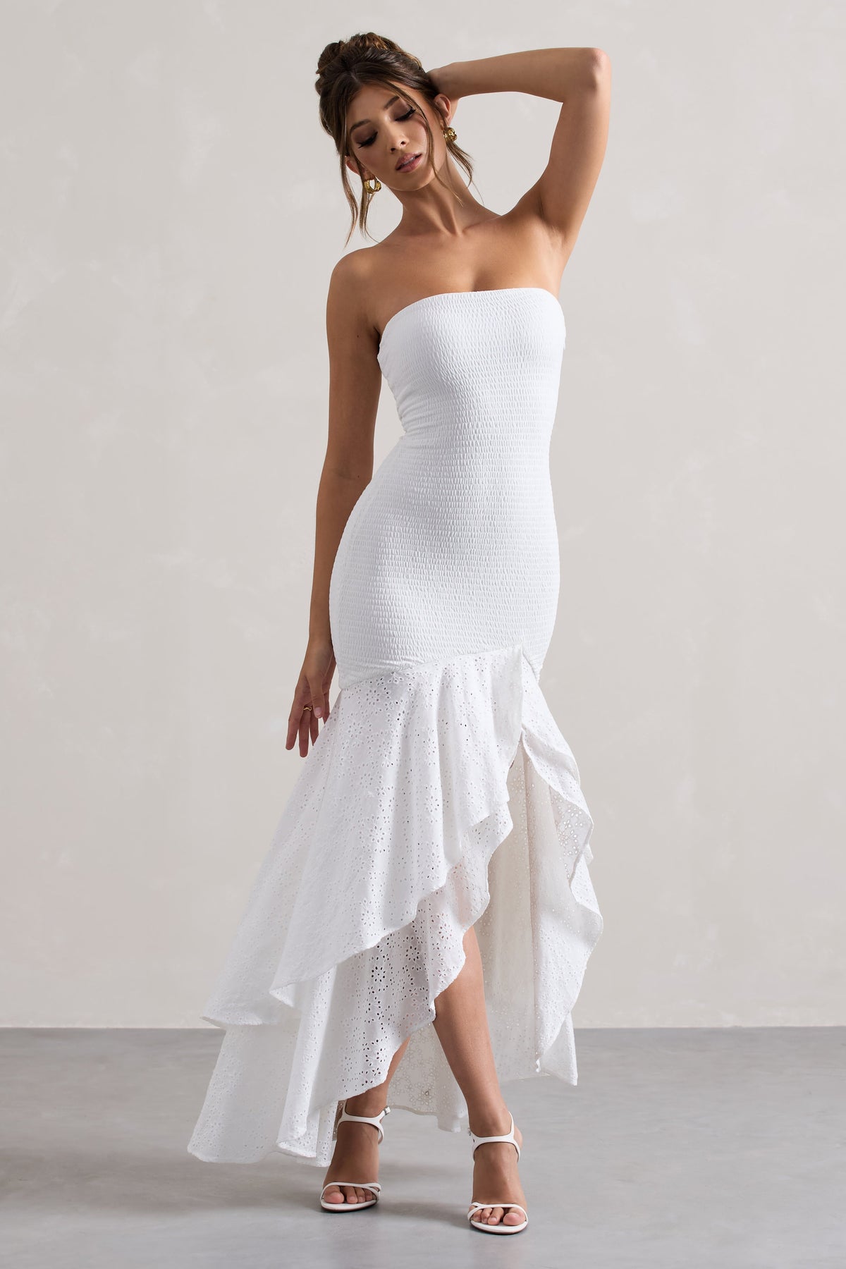 Solange | White Broderie Bandeau High-Low Maxi Dress