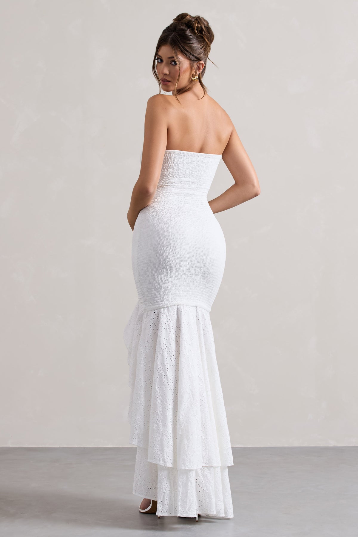 Solange | White Broderie Bandeau High-Low Maxi Dress