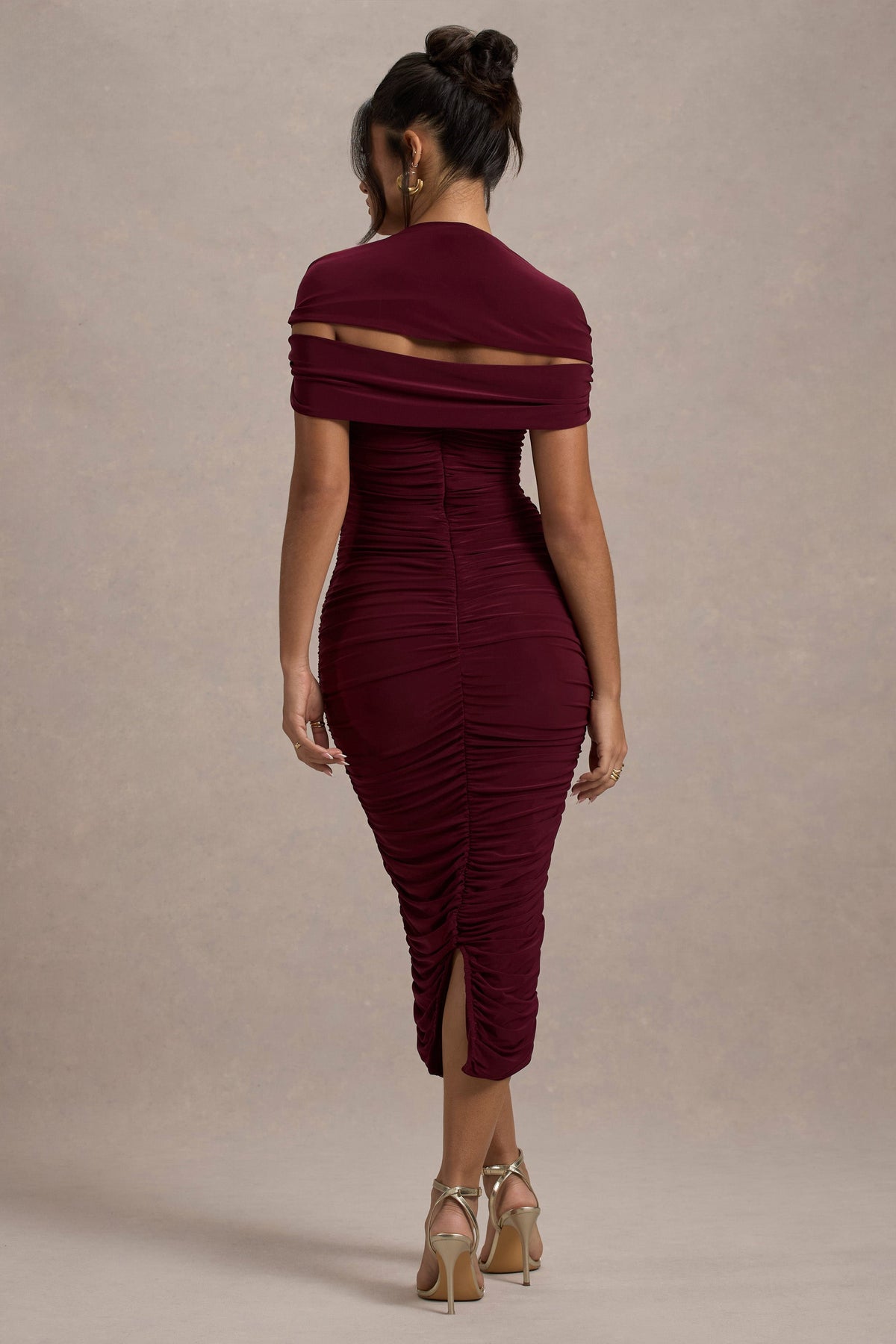 Paxos | Burgundy Ruched Short-Sleeve Midi Dress