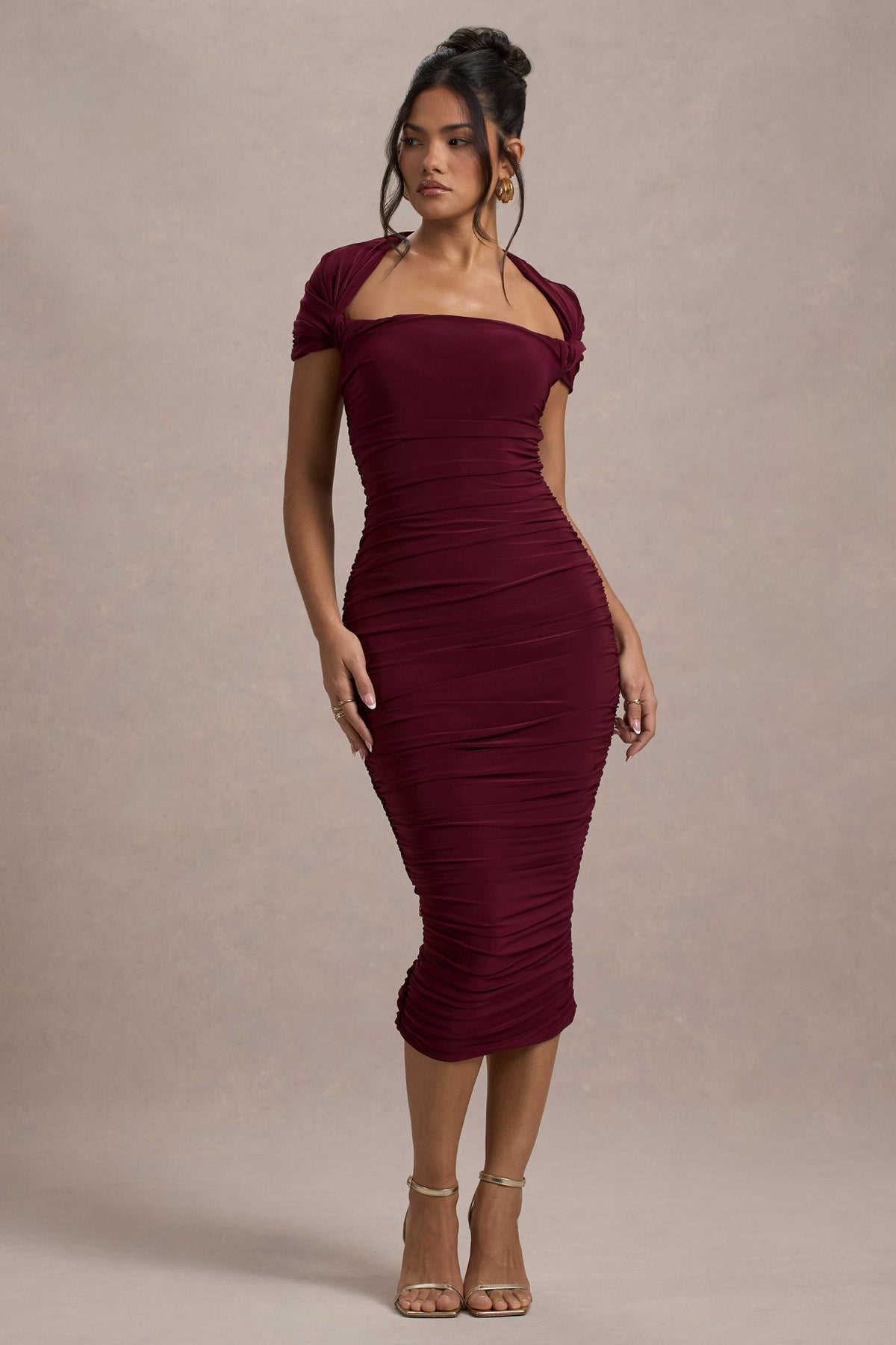 Paxos | Burgundy Ruched Short-Sleeve Midi Dress