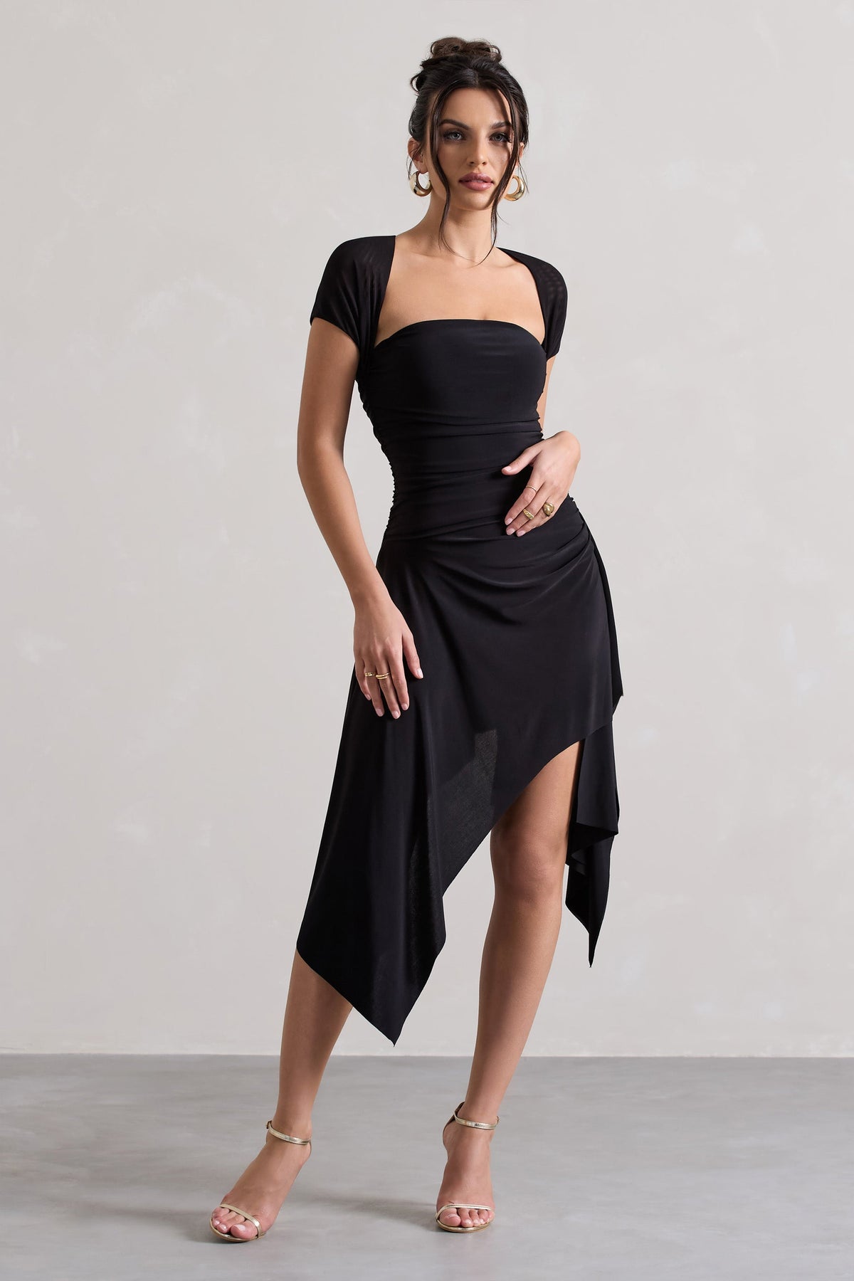 Corsica | Black Gathered Mesh Long-Sleeve Draped Mini Dress