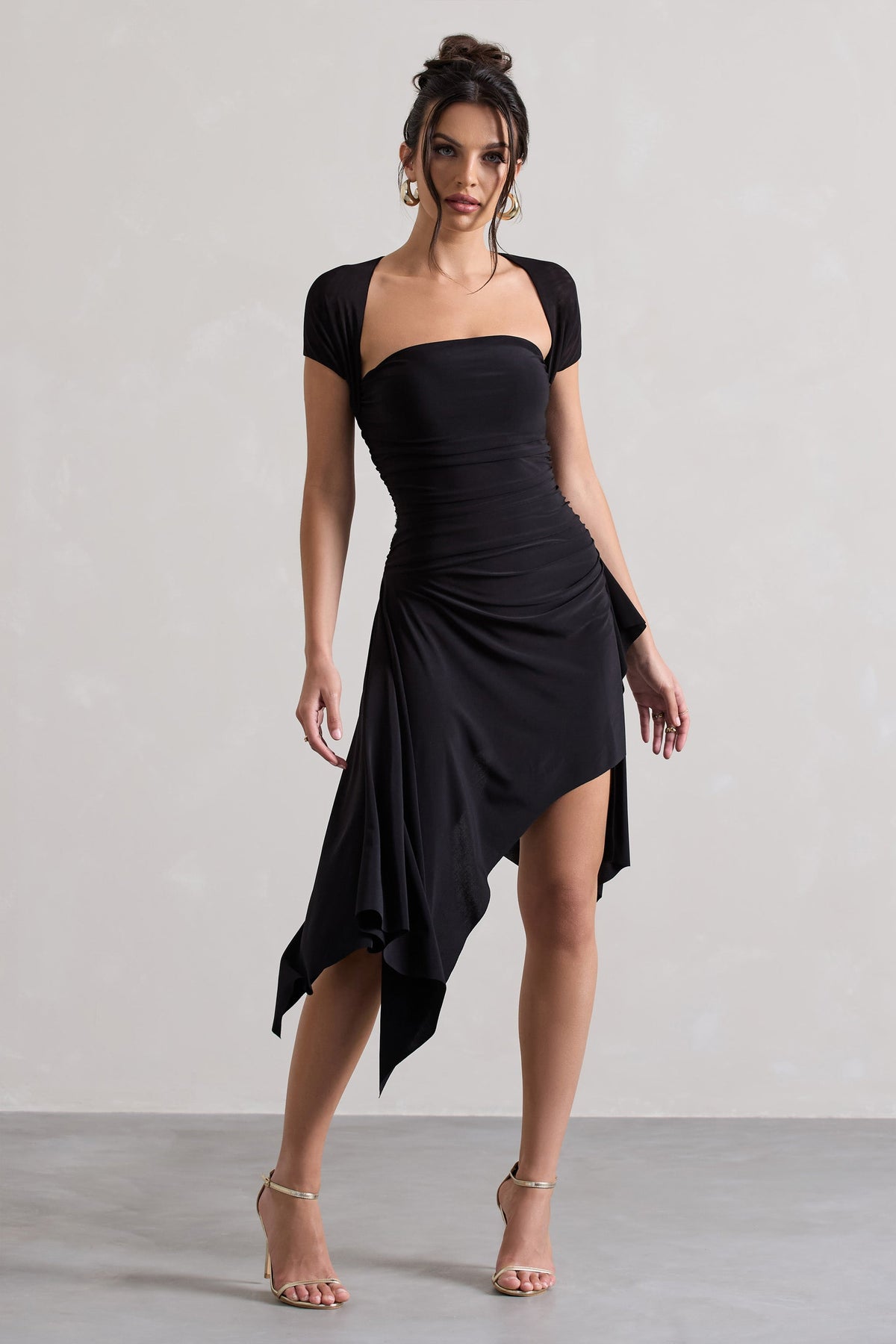 Corsica | Black Gathered Mesh Long-Sleeve Draped Mini Dress