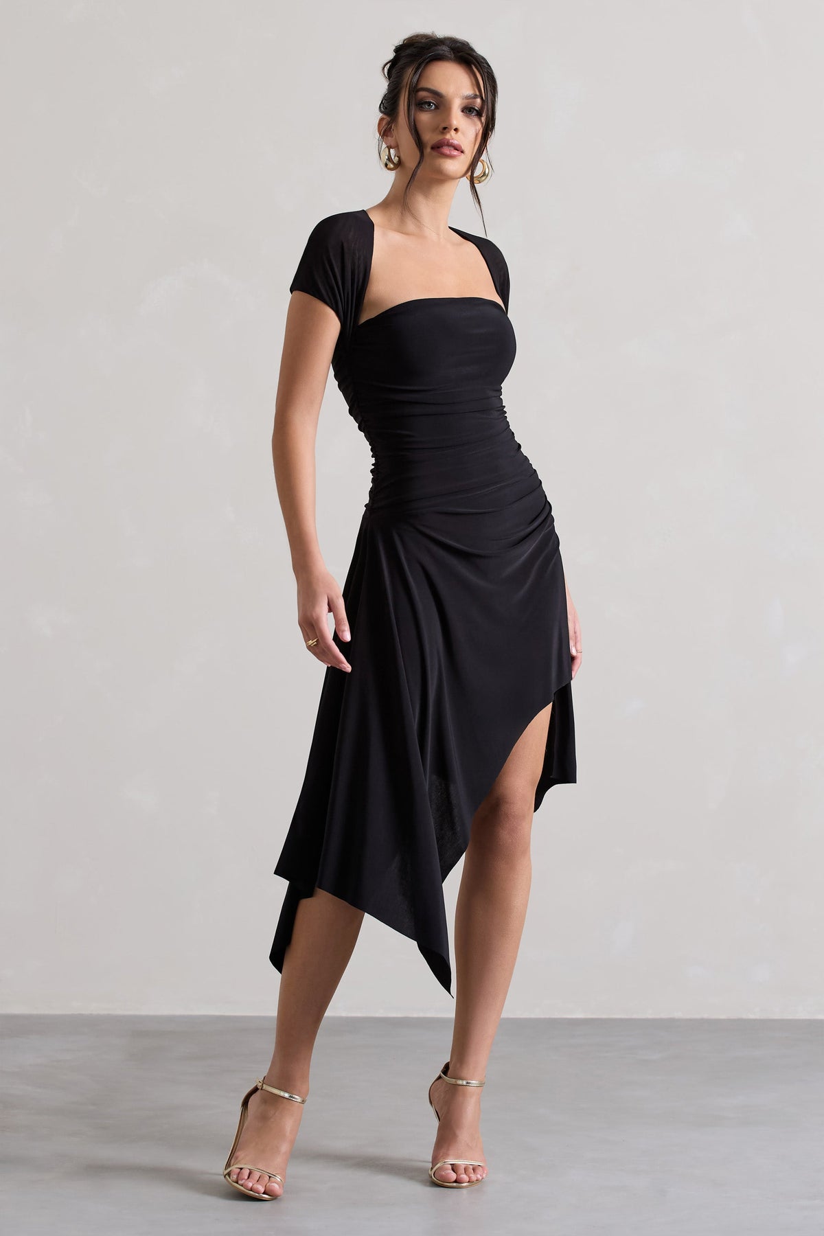 Corsica | Black Gathered Mesh Long-Sleeve Draped Mini Dress