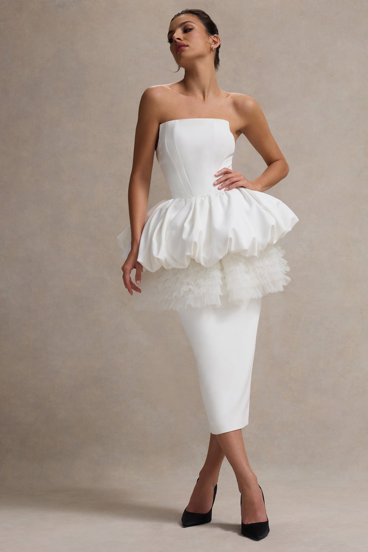 white midi tulle dress Puff-Sleeve Off-White A-Line Midi Dress