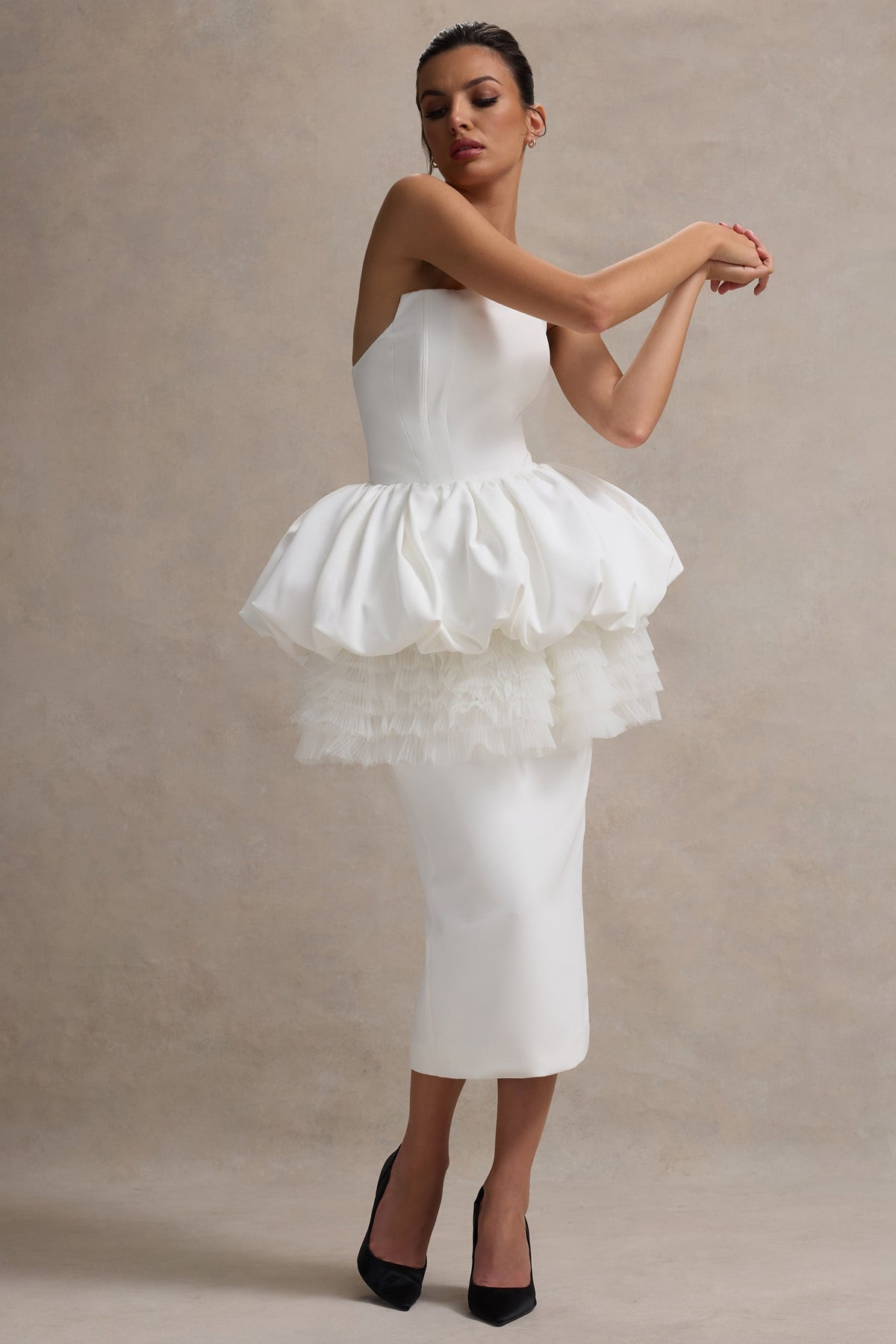 white peplum dress strapless Floral Peplum Maxi Dress White