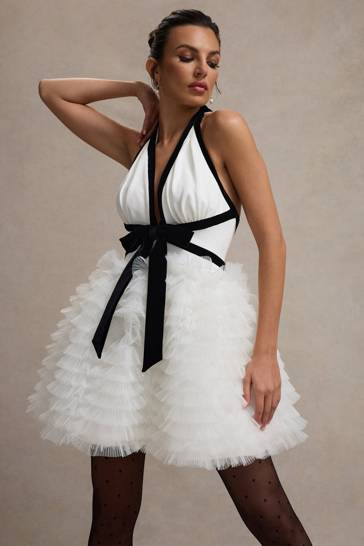 Eclair | Black & White Plunge-Neck Mini Dress With Tulle Skirt