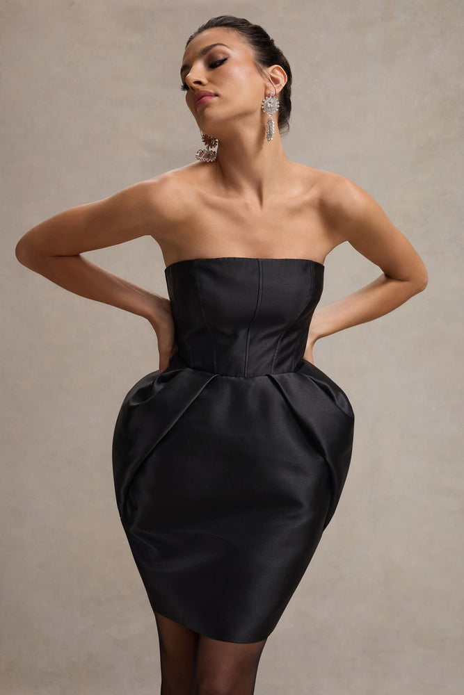 bandeau structured tulip mini dress in black Lovebug Black Bandeau Mini Dress With Tulip Skirt – Club L London
