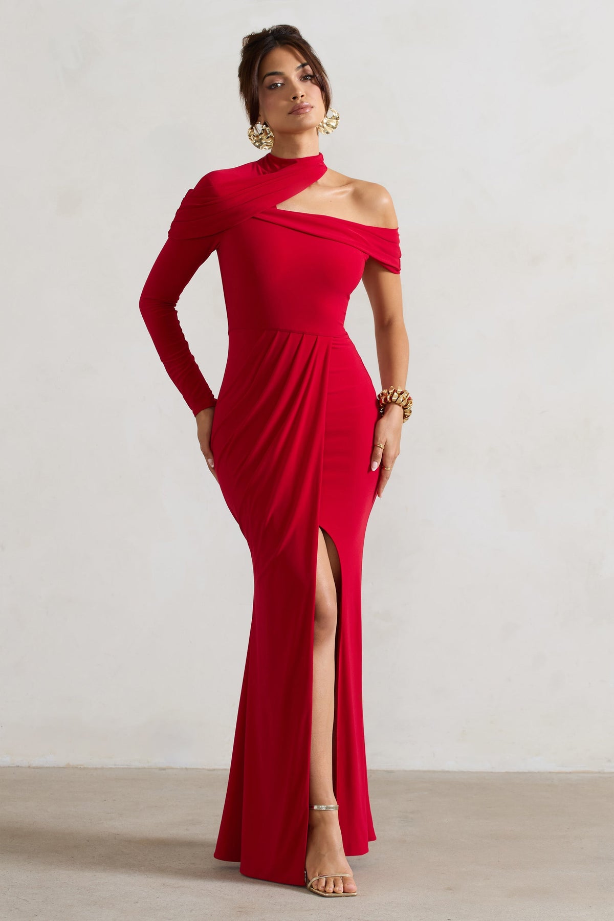 Tyla | Red Asymmetric High-Neck Split Maxi Dress