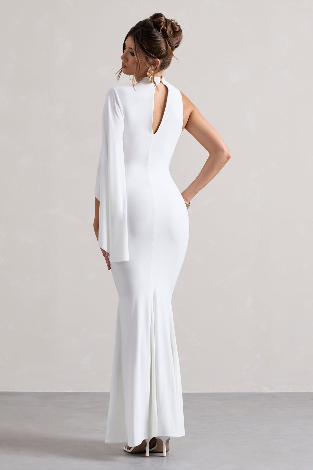 Samaya | White High-Neck Cape-Sleeve Maxi Dress