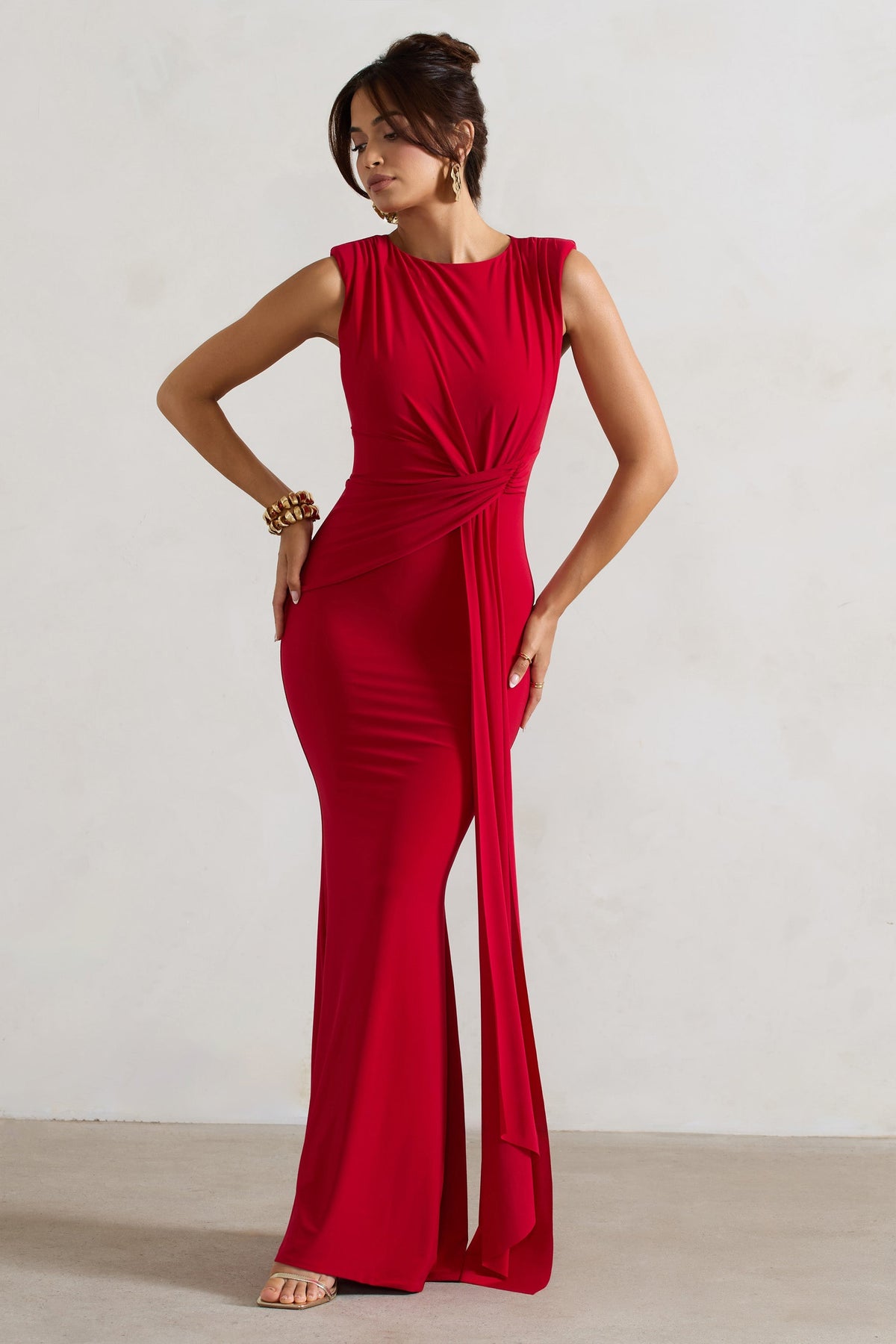 Kadie | Red Sleeveless Gathered Maxi Dress With Drape