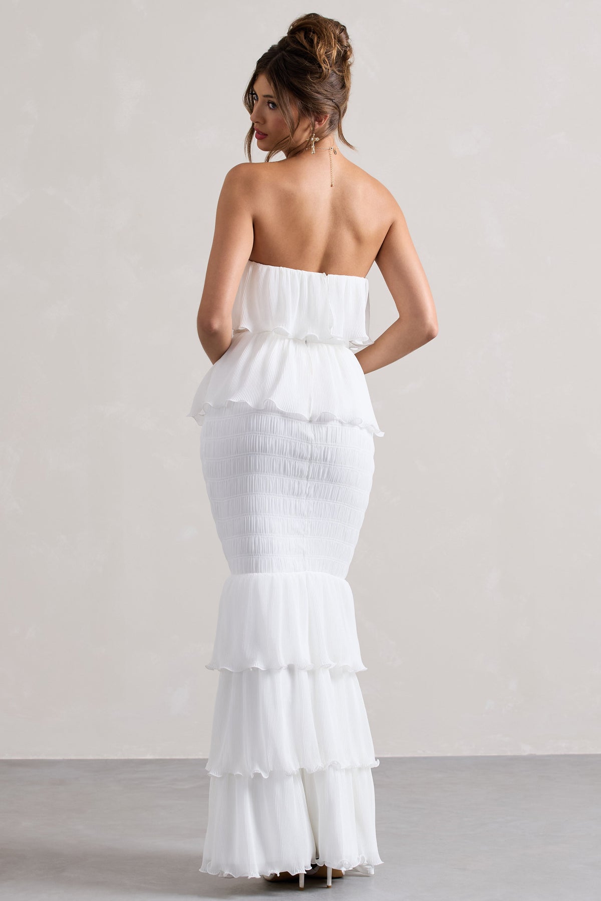 Catera | White Strapless Layered Ruffle Maxi Dress