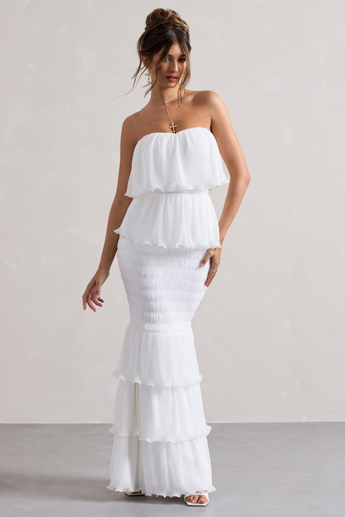 Catera | White Strapless Layered Ruffle Maxi Dress