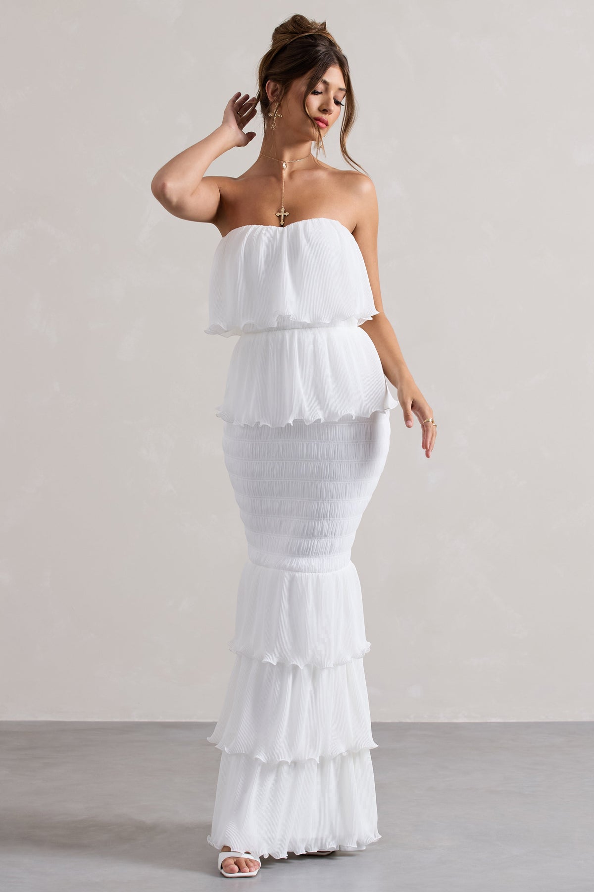 Catera | White Strapless Layered Ruffle Maxi Dress