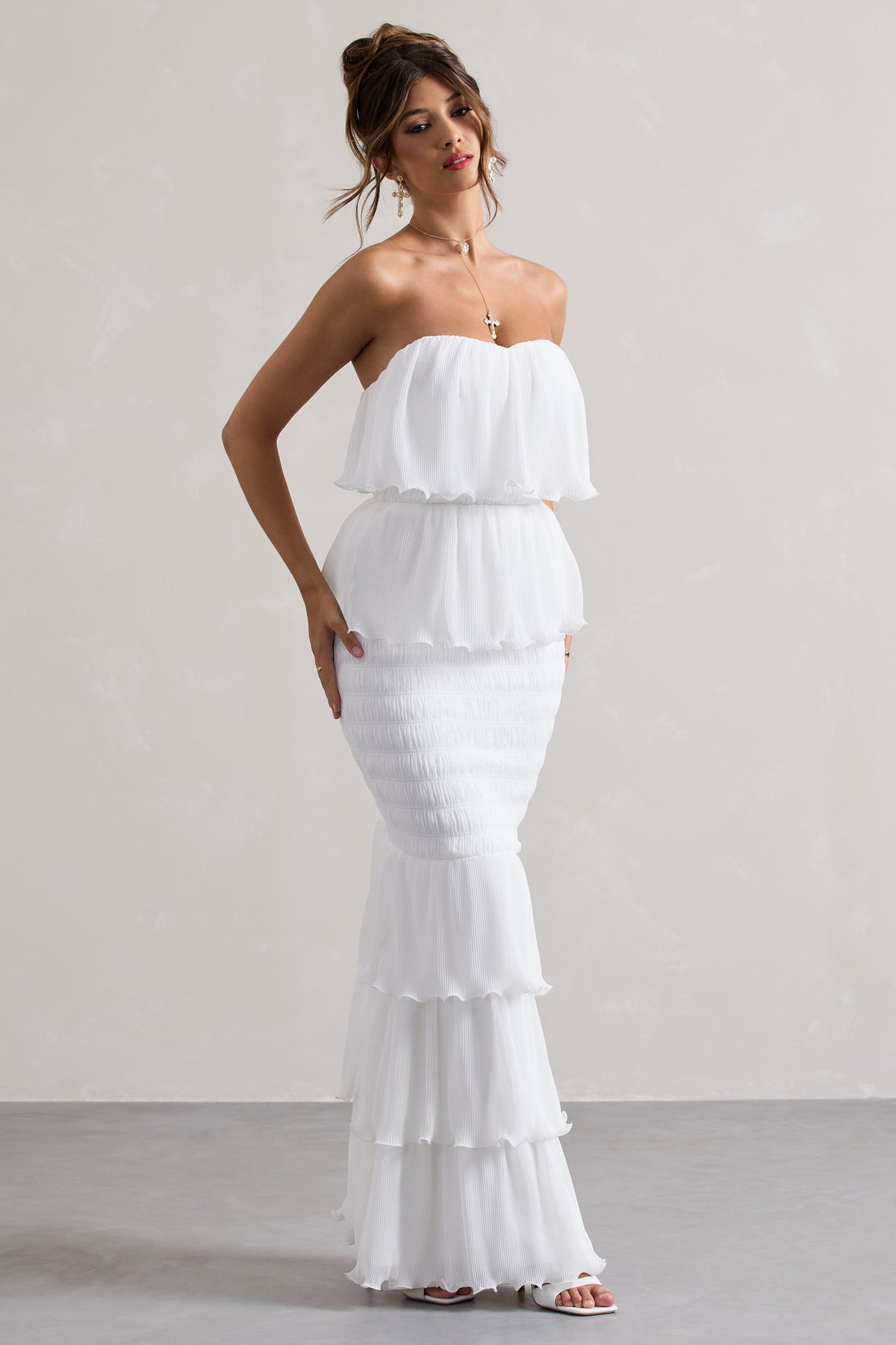 Catera | White Strapless Layered Ruffle Maxi Dress