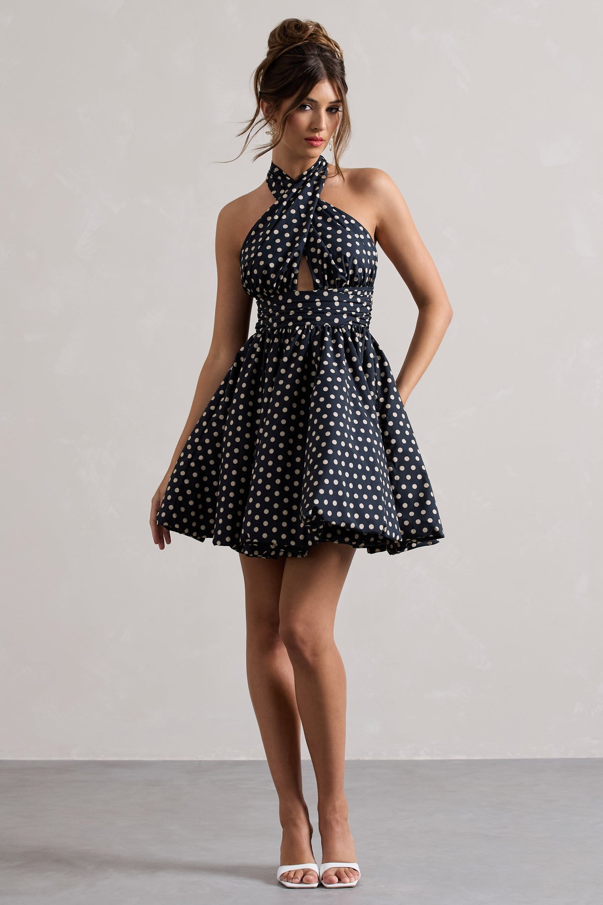 Levie | Black Polka Dot Halter-Neck Mini Dress