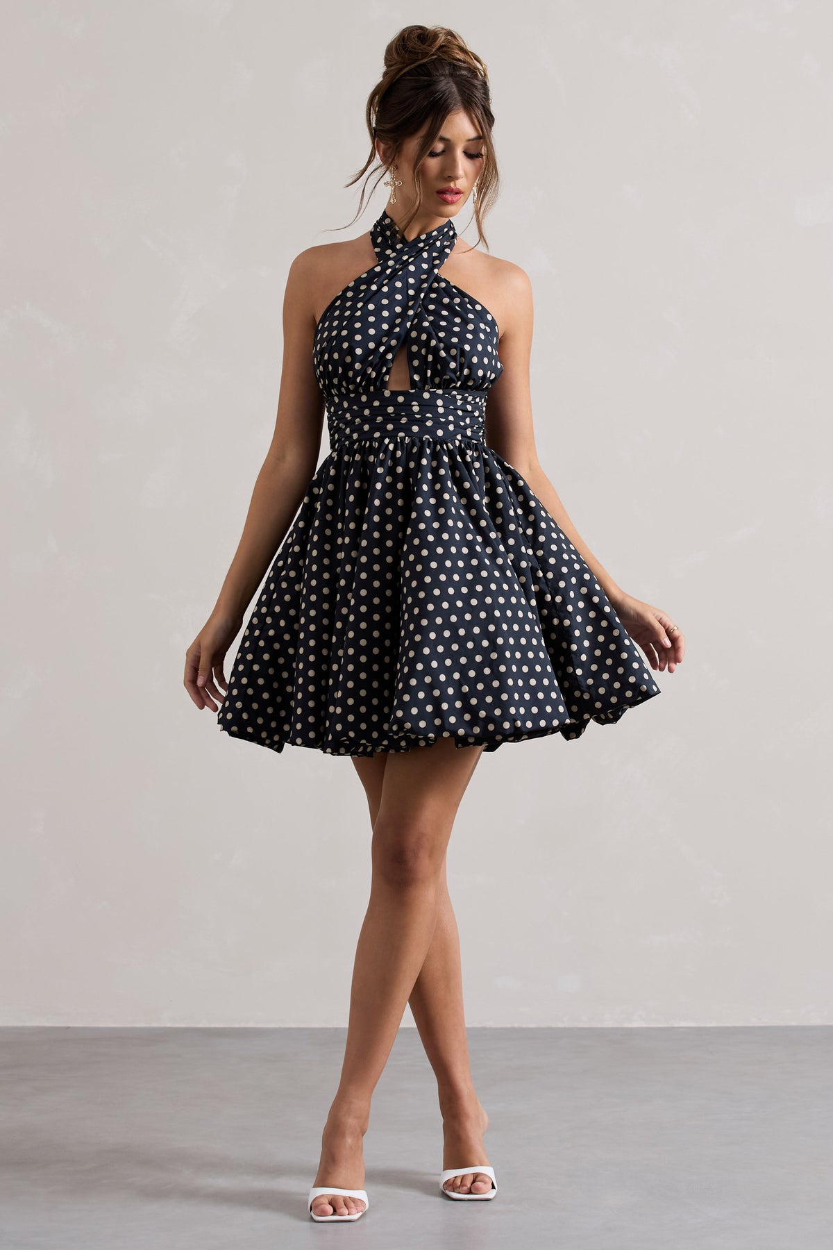 Levie | Black Polka Dot Halter-Neck Mini Dress