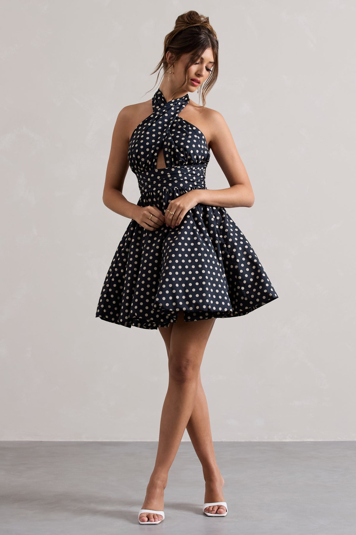 Levie | Black Polka Dot Halter-Neck Mini Dress