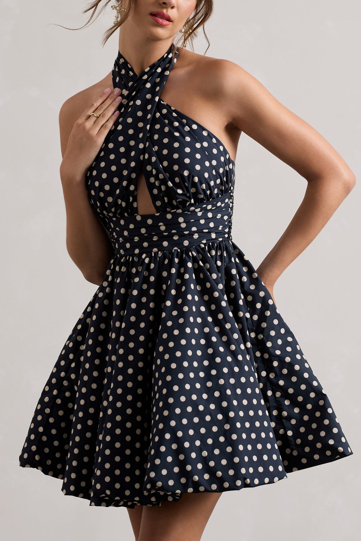 Levie | Black Polka Dot Halter-Neck Mini Dress