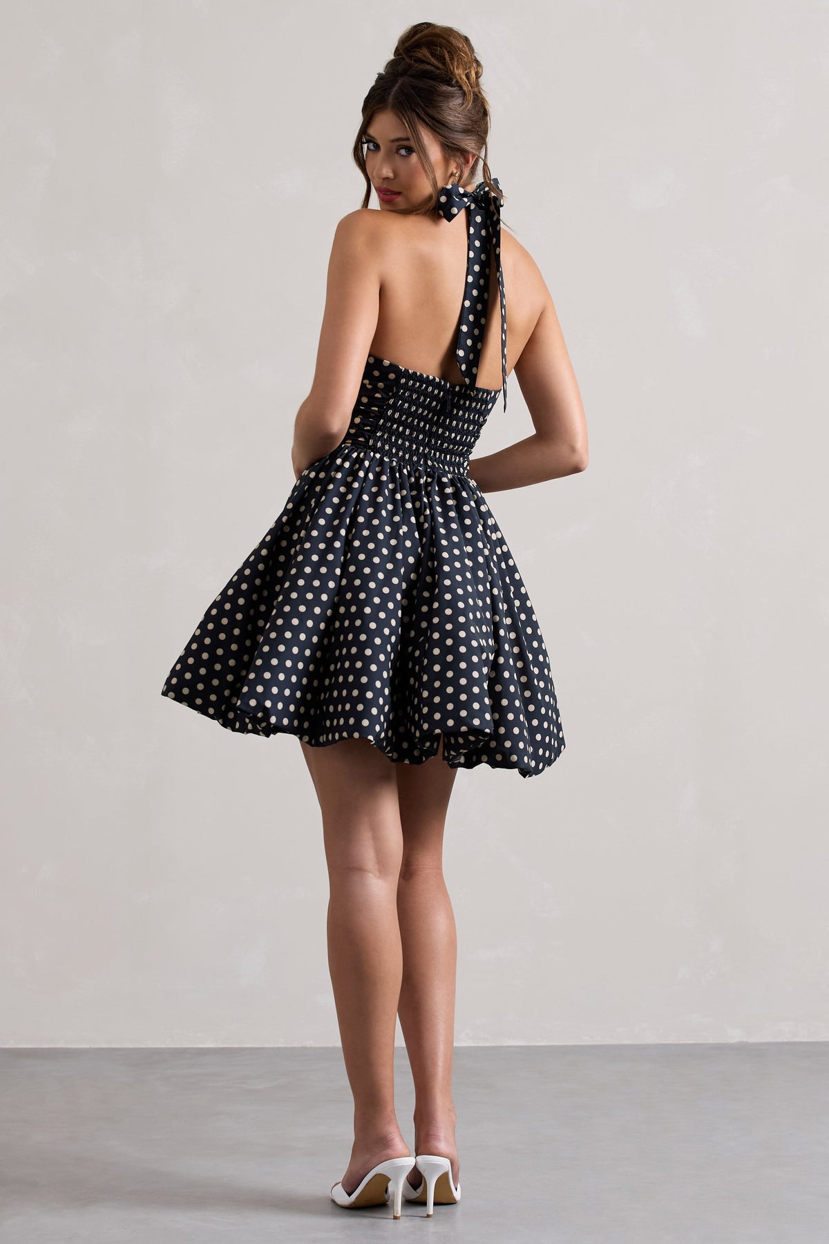 Levie | Black Polka Dot Halter-Neck Mini Dress