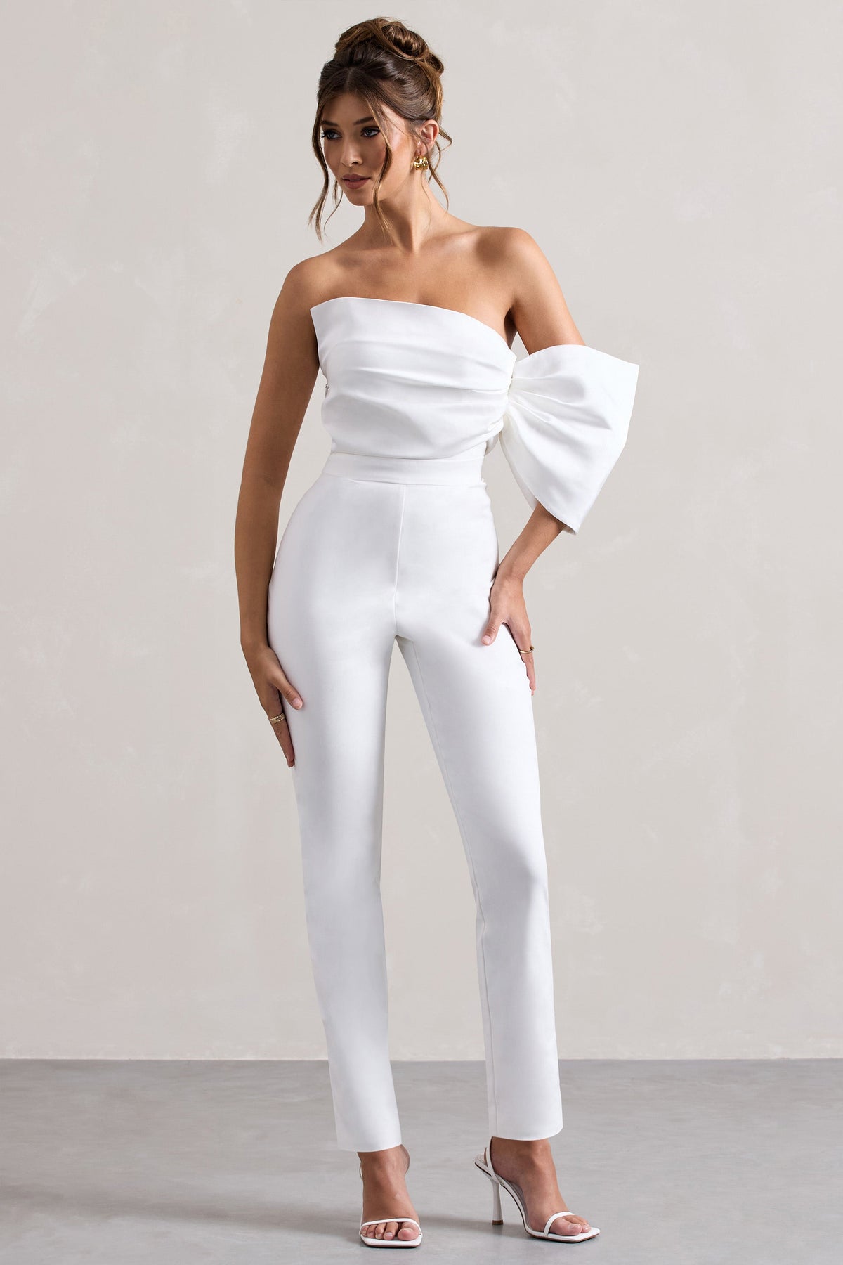 Adabella | White Satin Strapless One-Sleeve Straight-Leg Jumpsuit