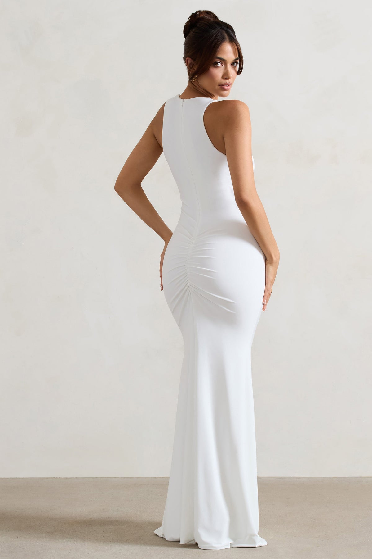 Julianna | White Plunge-Neck Ruched Maxi Dress With Corsage