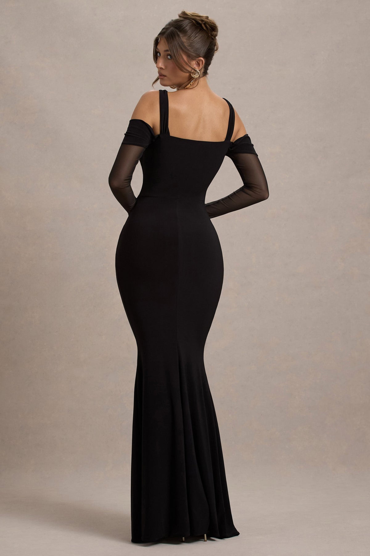 Milana Black Cowl-Neck Draped Wrap Maxi Dress With Long Sleeves Club L London - SA Milana Black Cowl-Neck Draped Wrap Maxi Dress With Long Sleeves Club L London - SA