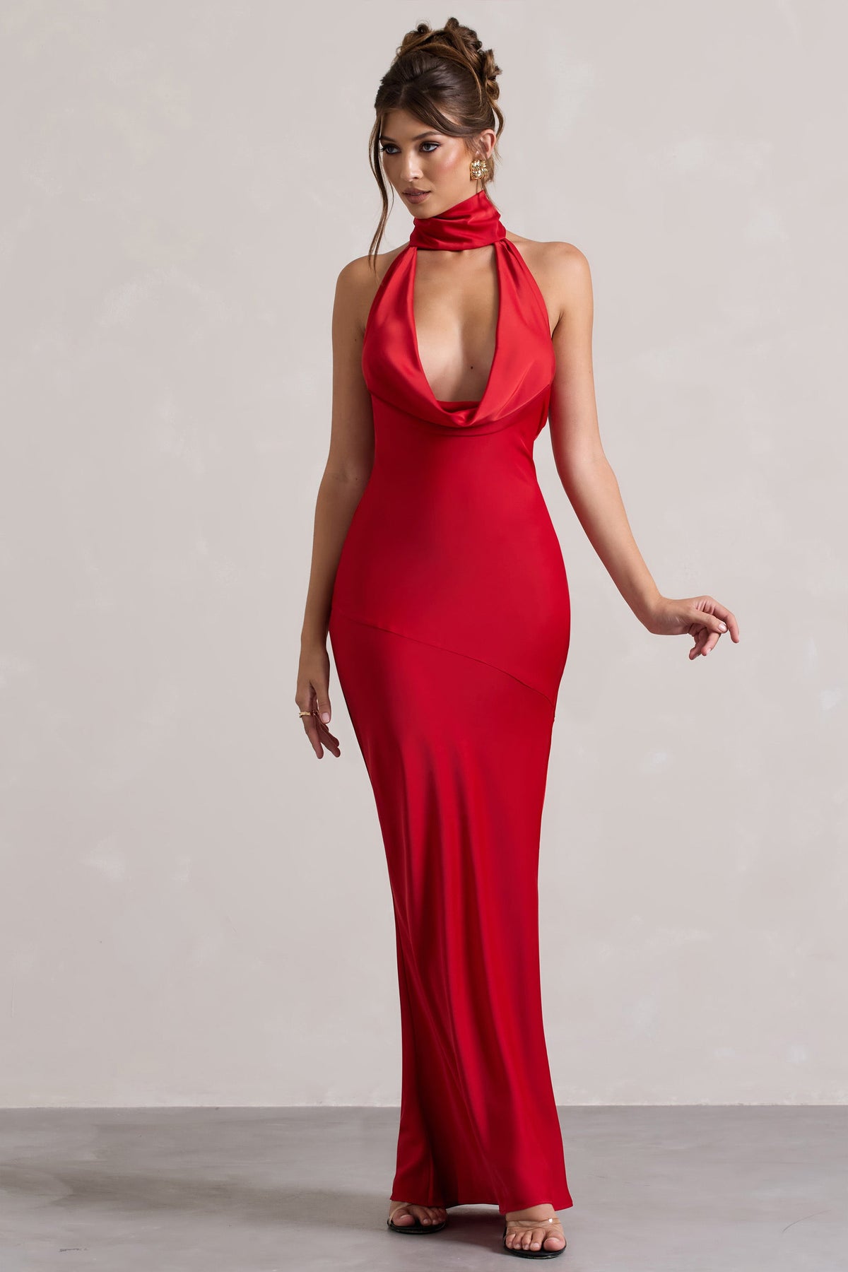 Matea | Red Satin Cowl-Neck Maxi Dress