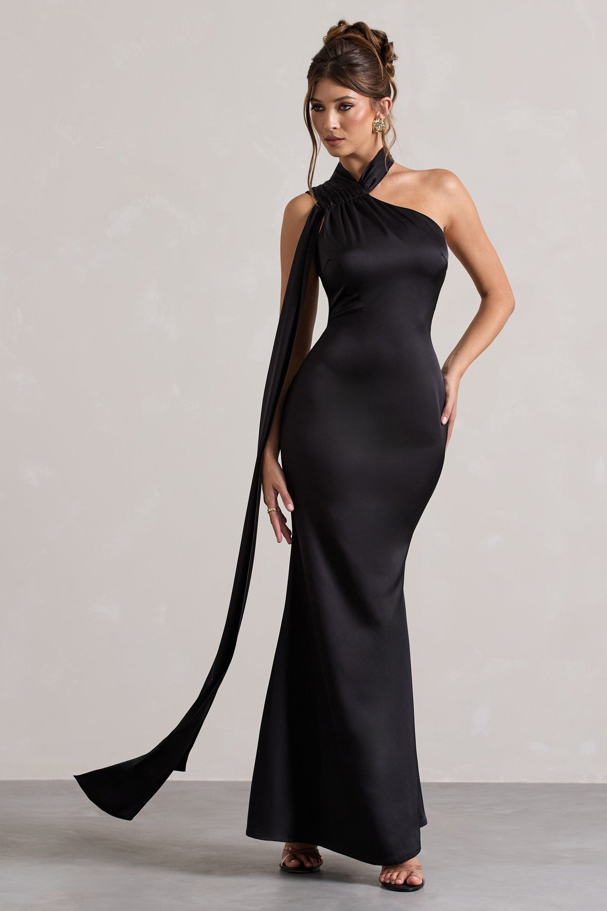 Sancia | Black Satin Asymmetric Maxi Dress With Sash