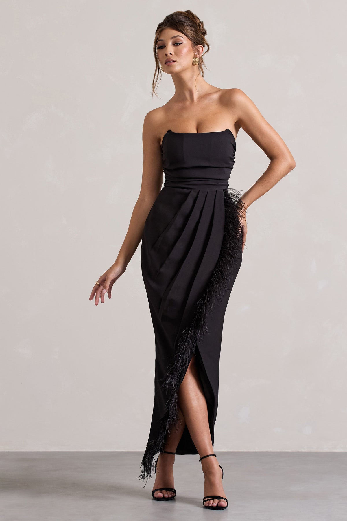 Chosen | Black Bandeau Wrap Maxi Dress With Feather Trim