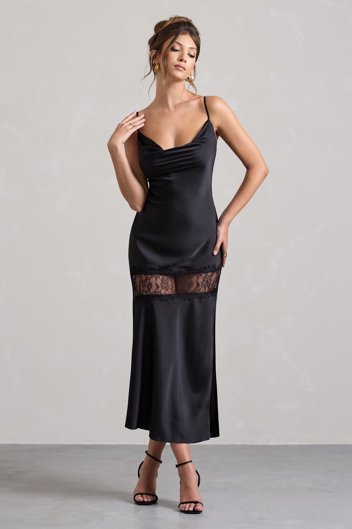 Matera | Black Satin Cowl-Neck Lace Trim Maxi Dress