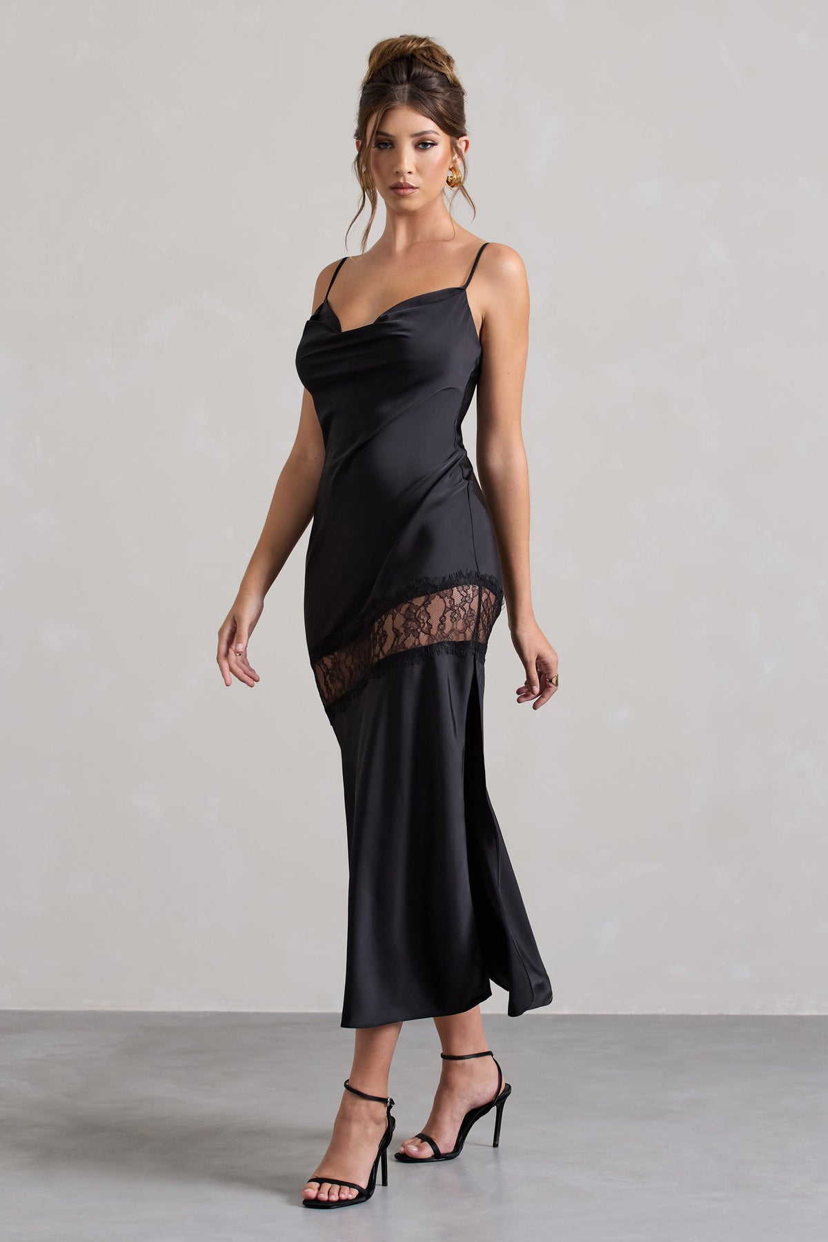 Matera | Black Satin Cowl-Neck Lace Trim Maxi Dress