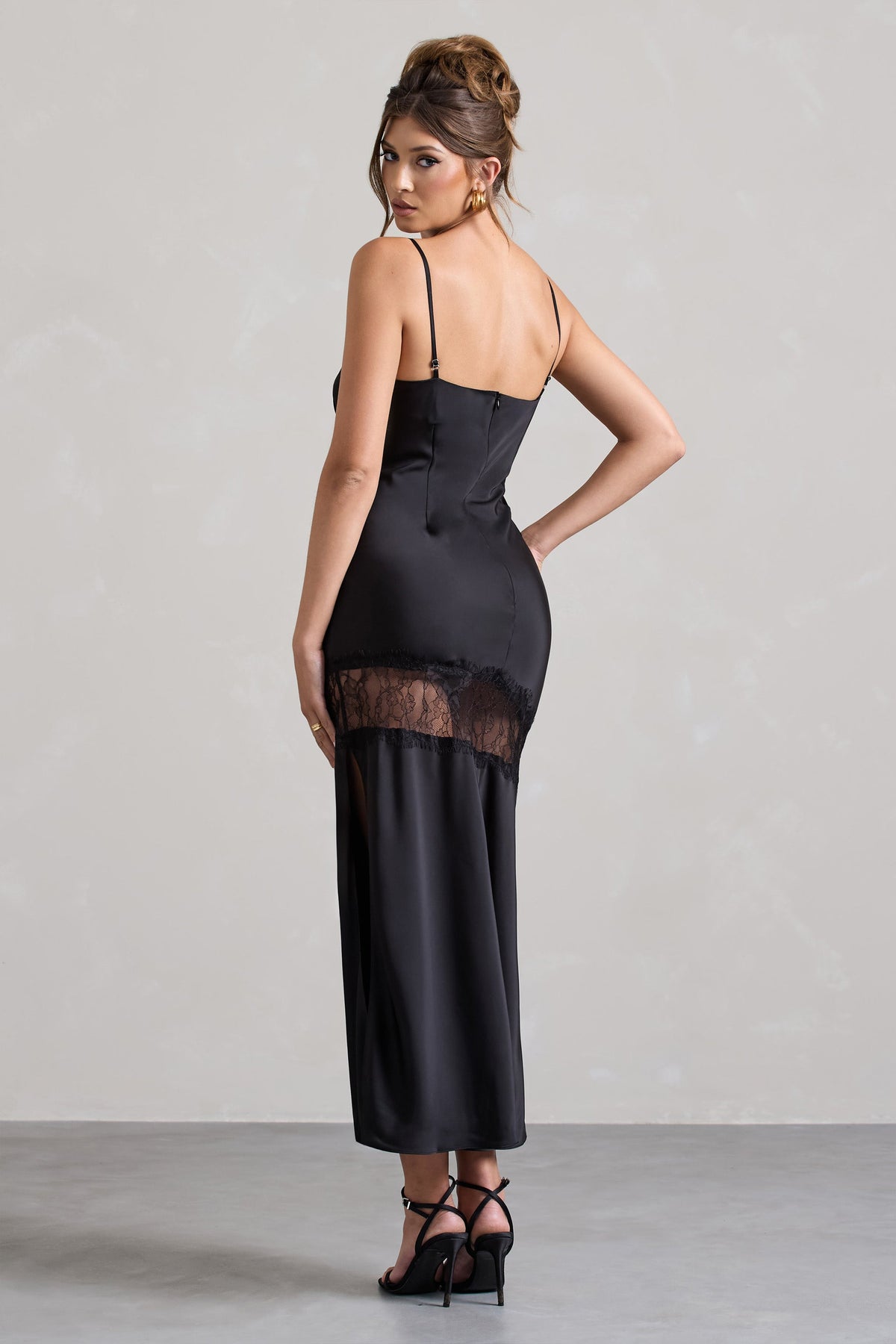 Matera | Black Satin Cowl-Neck Lace Trim Maxi Dress