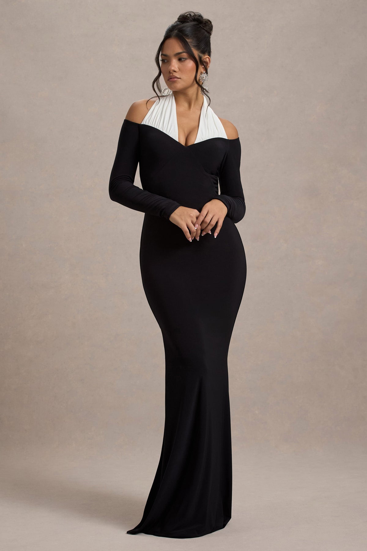 high neck split maxi dress ASOS DESIGN high neck maxi dress with short sleeves and high split in chocolate