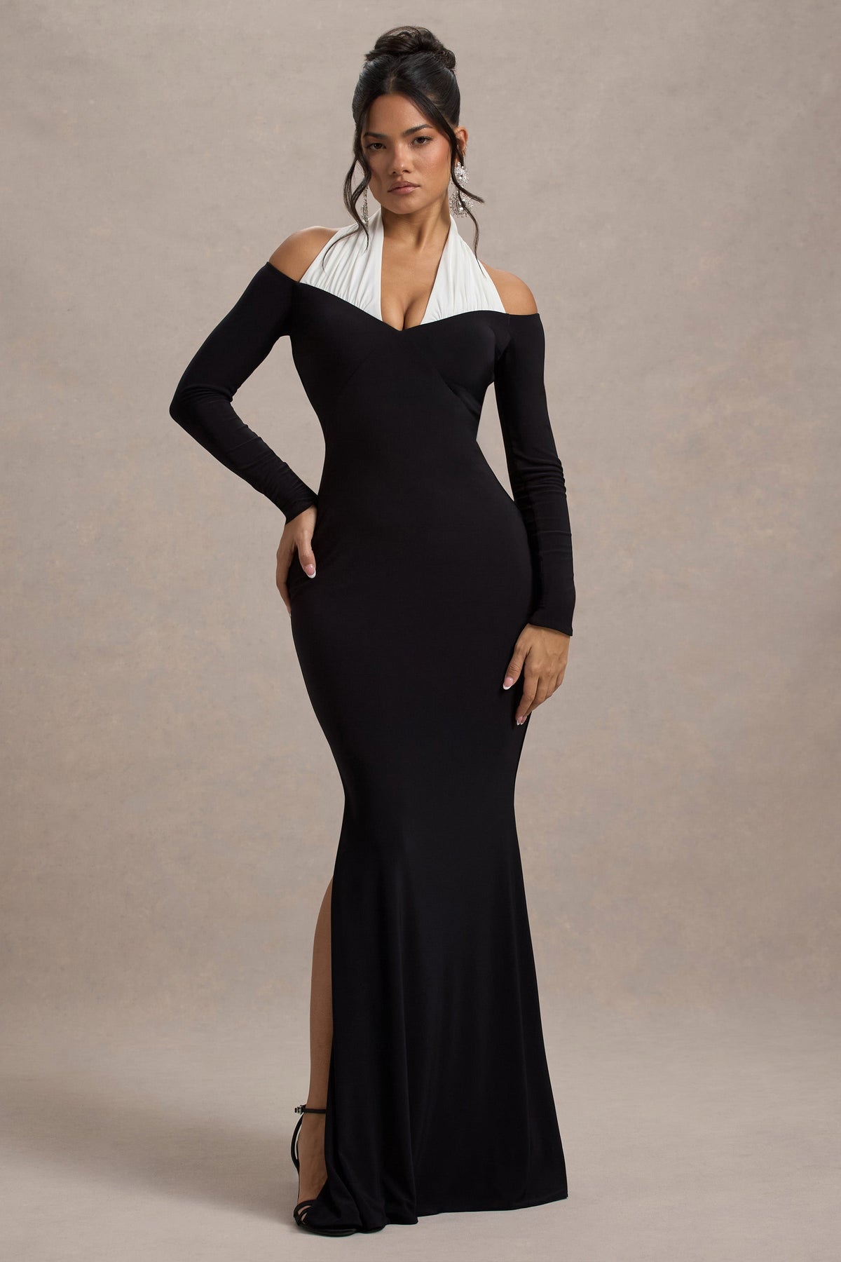 Living High | Black Halter-Neck Split Maxi Dress With Bow