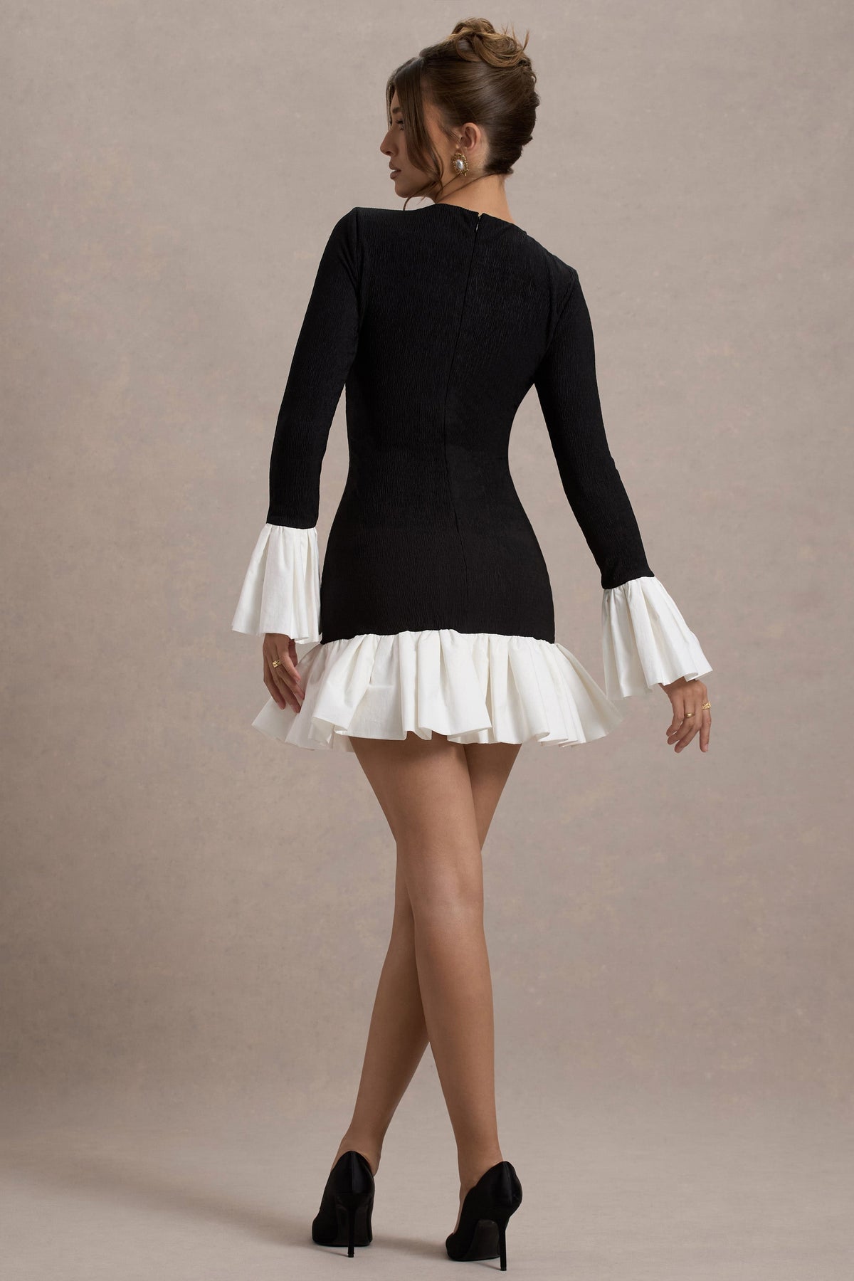 Josefina | Black Long-Sleeve Mini Dress With White Satin Trims