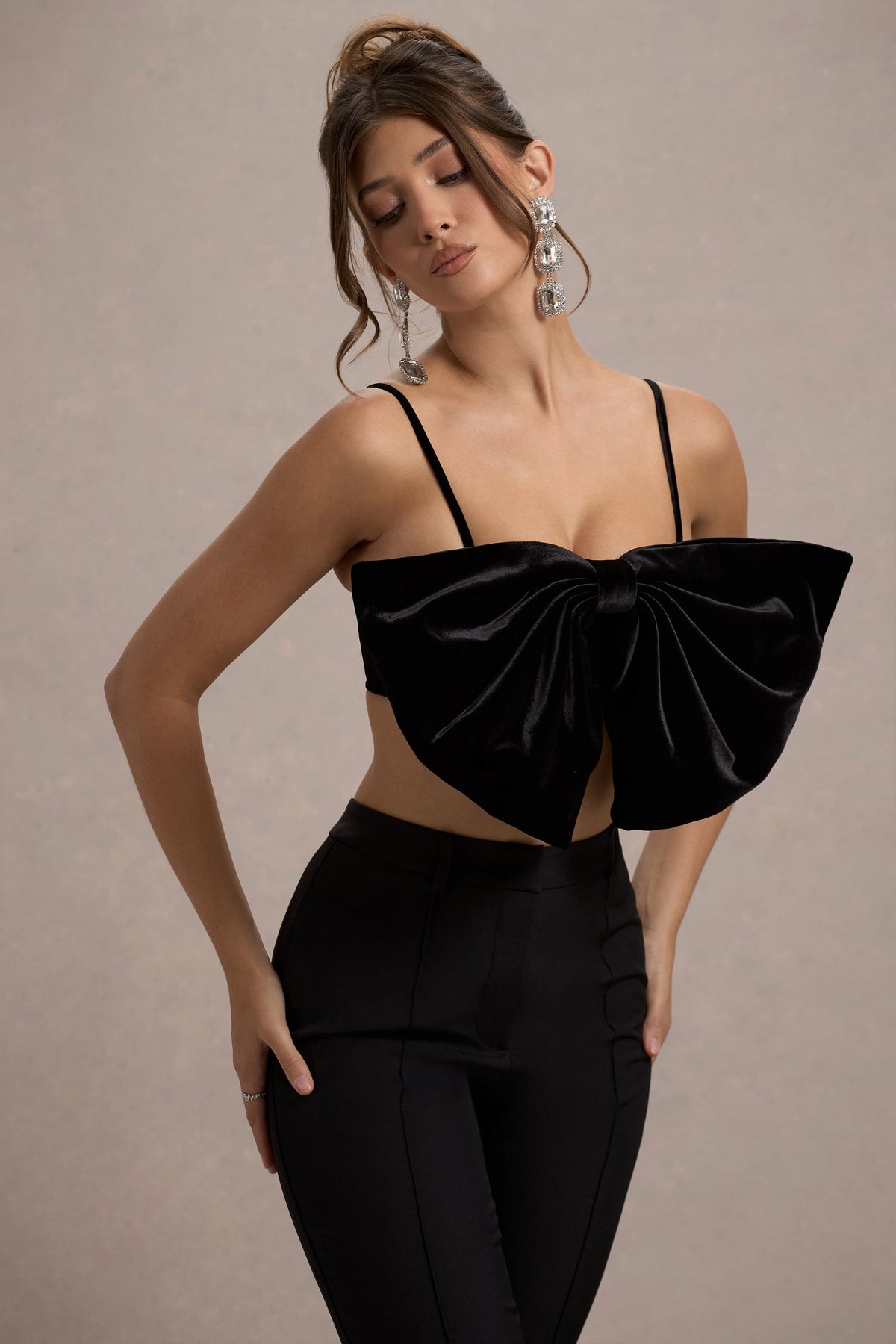 Adya | Black Velvet Strappy Bow Crop Top