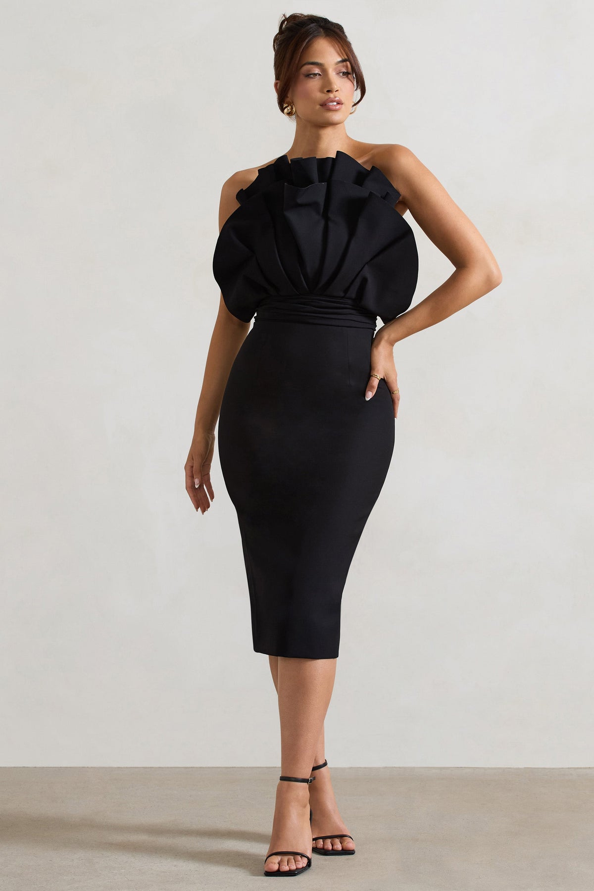 Oria Black Ruffled Strapless Midi Dress Club L London - SA Oria Black Ruffled Strapless Midi Dress Club L London - SA