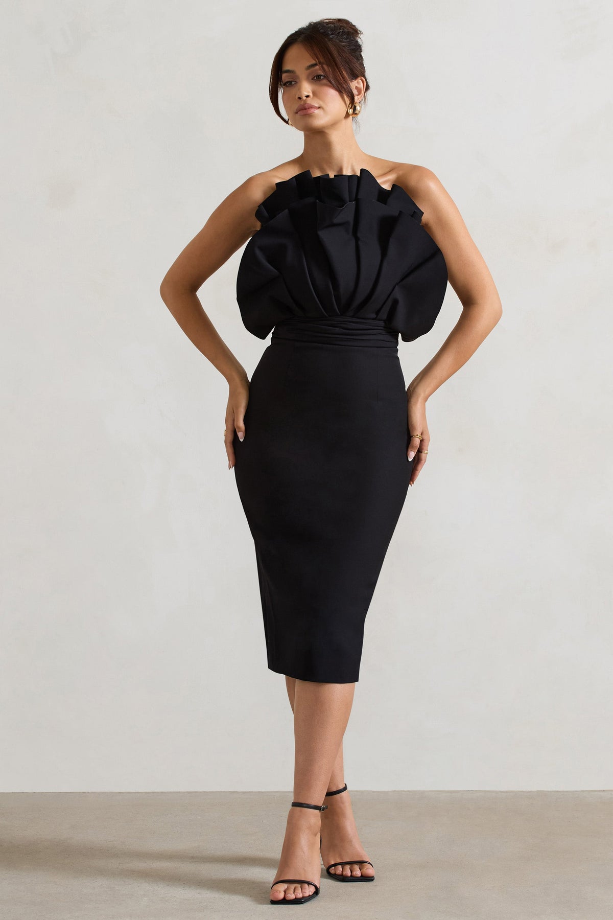 Oria | Black Ruffled Strapless Midi Dress