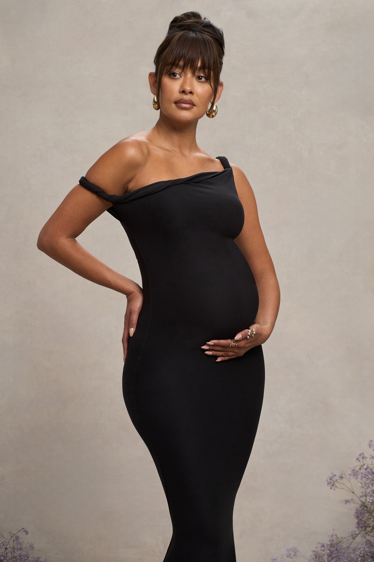 Lita | Black Twisted Asymmetric Maternity Maxi Dress