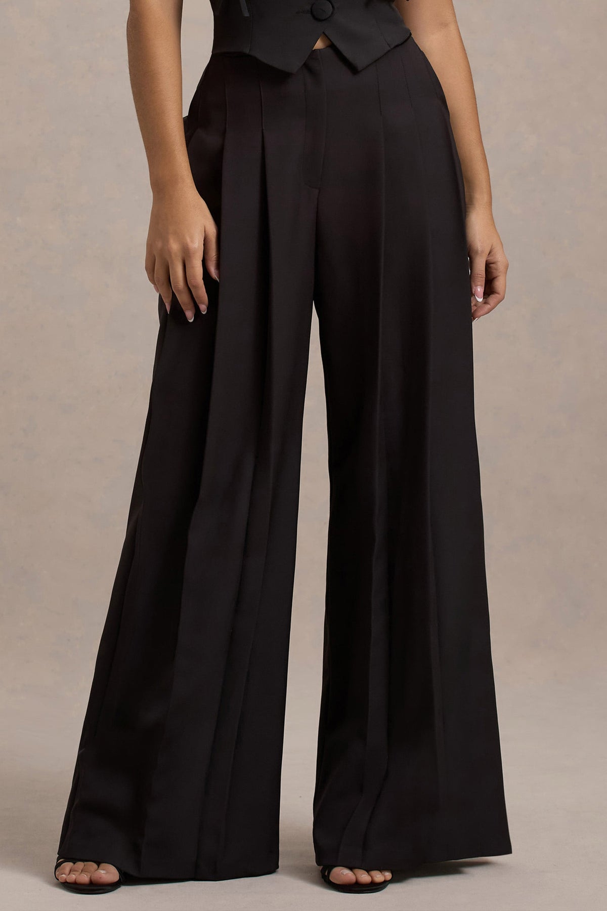 WB_HR_CL134935002-LeliaBlackOneShoulderTailoredTopWithBows_HR_CL134879002-GalileaBlackPlisseWide-LegTrousers0copy