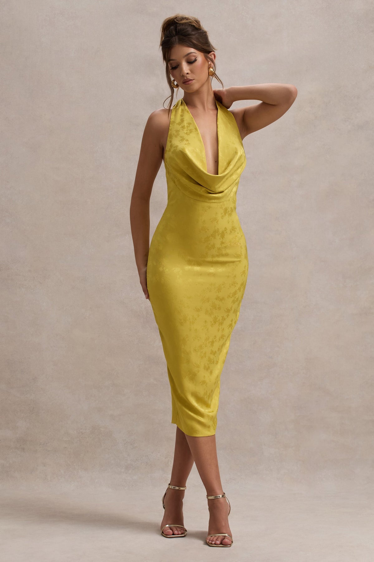 Maciza | Mustard Satin Jacquard Cowl-Neck Midi Dress