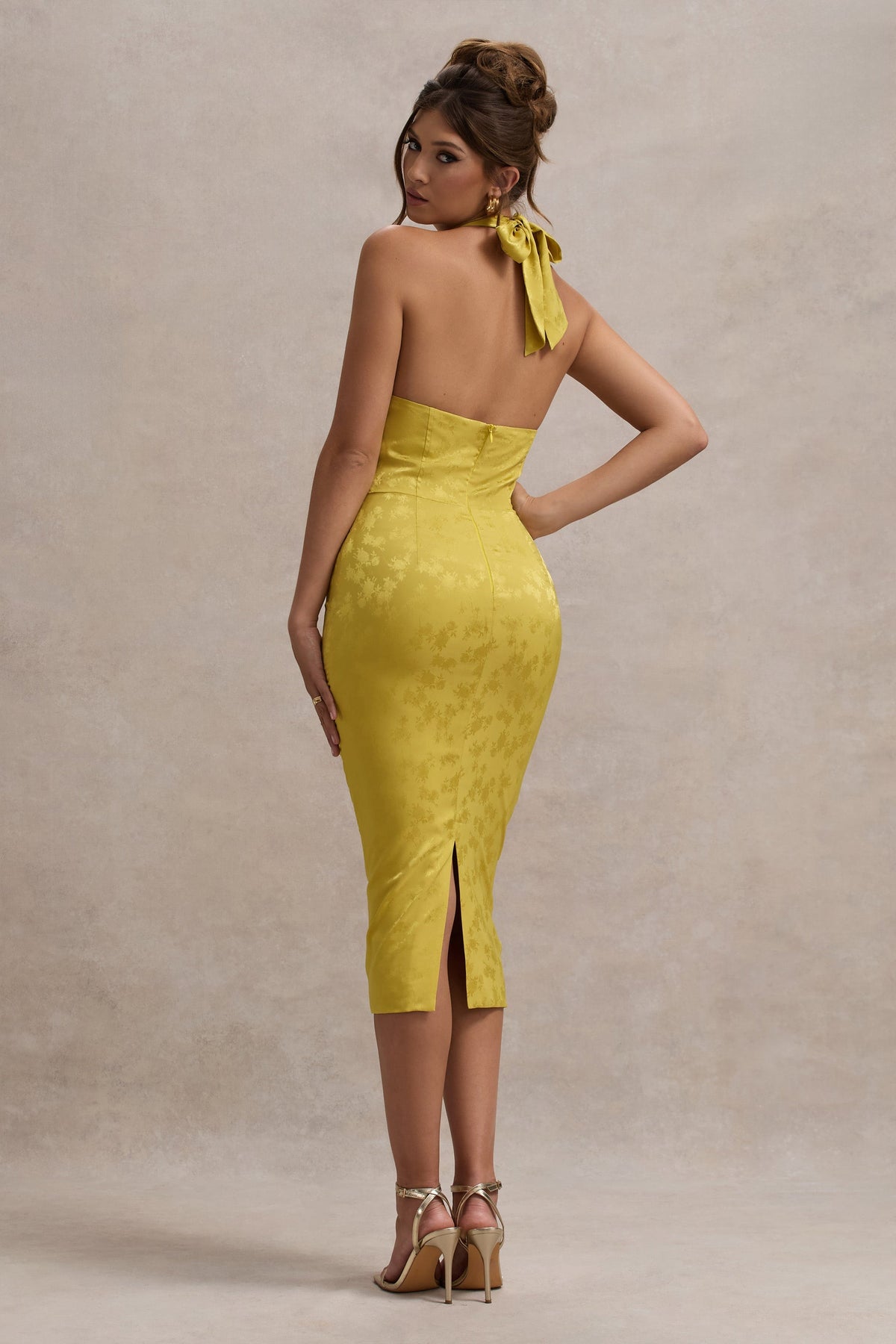 Maciza | Mustard Satin Jacquard Cowl-Neck Midi Dress