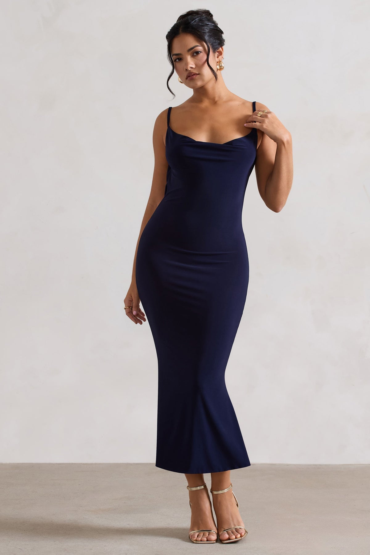 Addison Navy Cowl-Neck Open-Back Midi Dress With Lace Club L London - SA Addison Navy Cowl-Neck Open-Back Midi Dress With Lace Club L London - SA