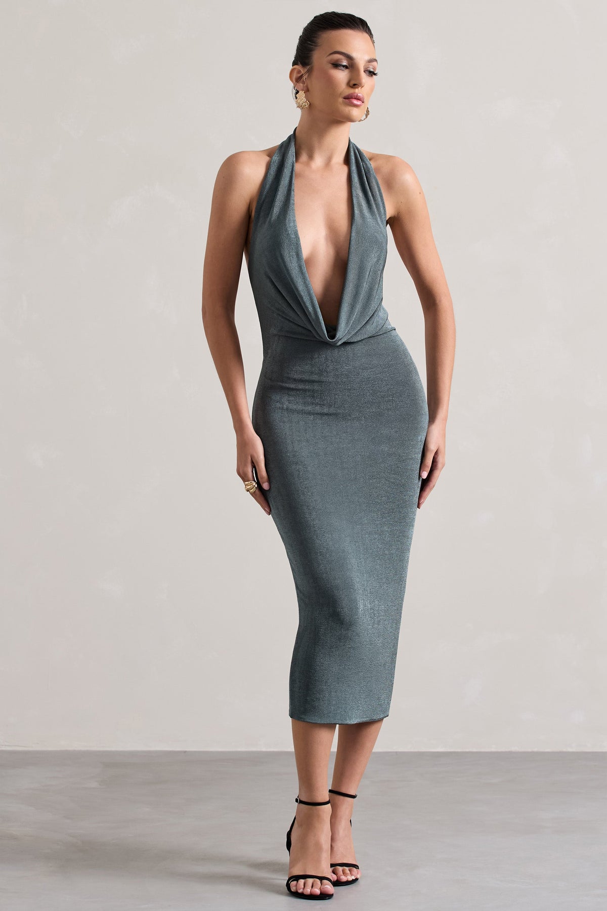 Raleigh | Sage Green Cowl-Neck Midi Dress