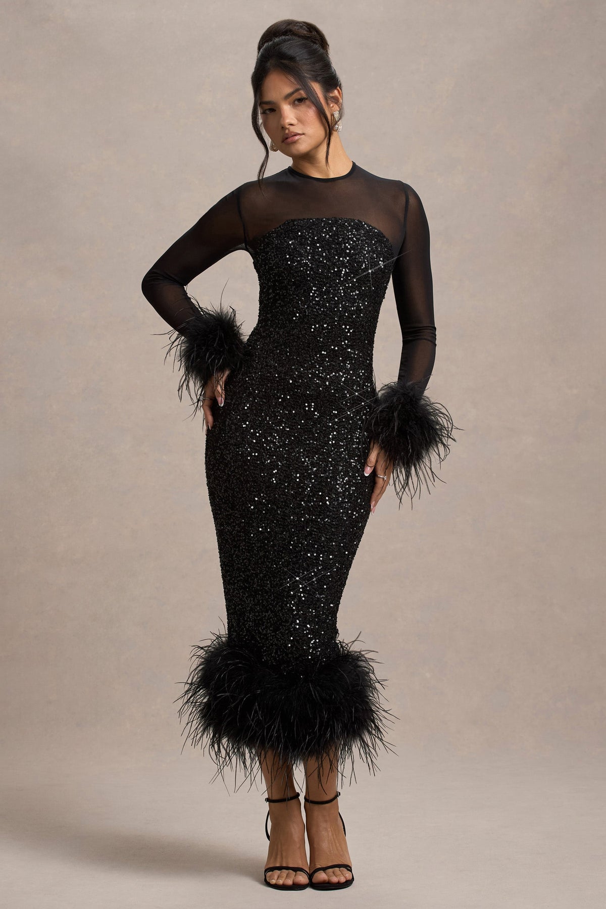 Afterglow | Black Sequin Long-Sleeve Midi Dress With Feather Trims