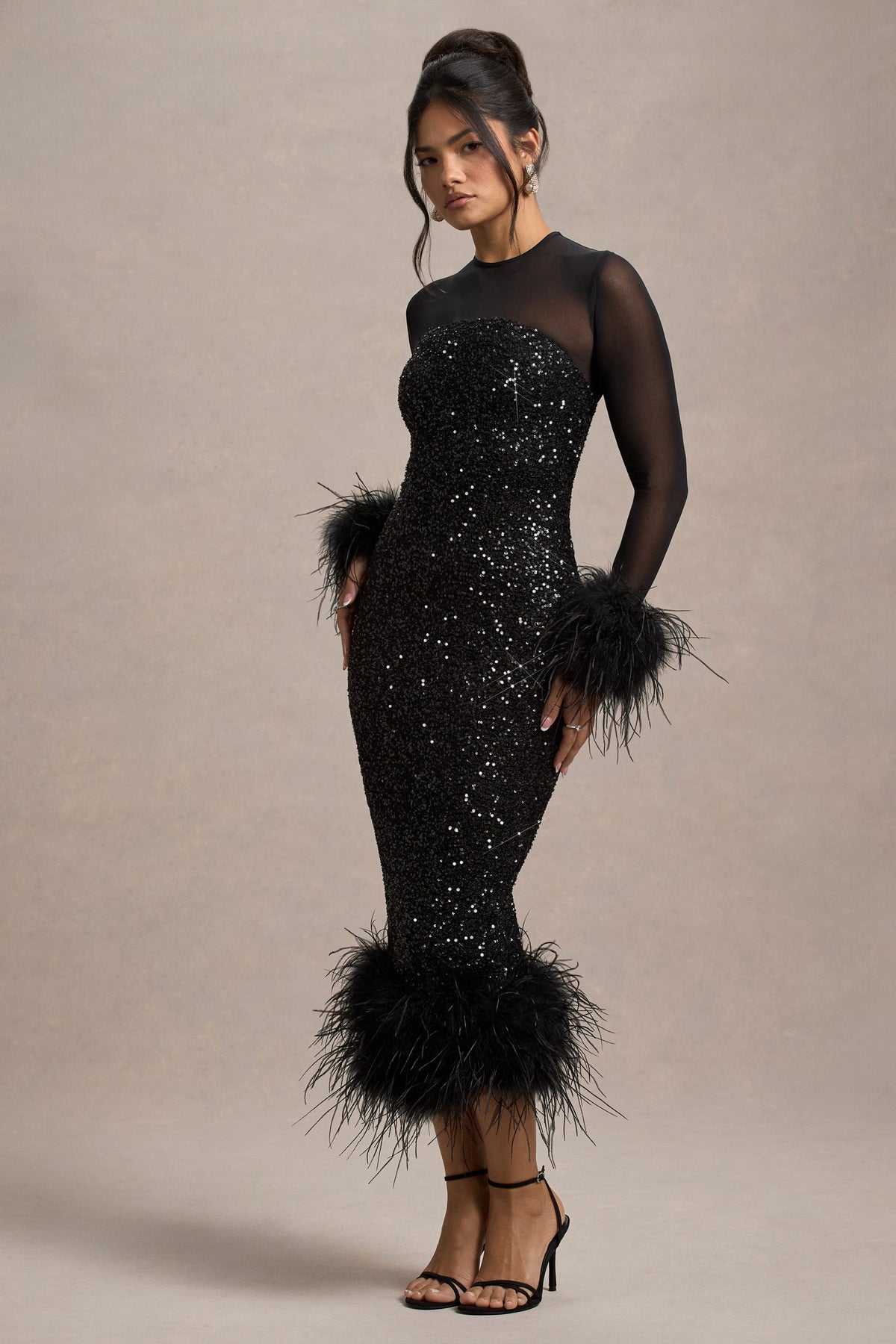 Afterglow | Black Sequin Long-Sleeve Midi Dress With Feather Trims