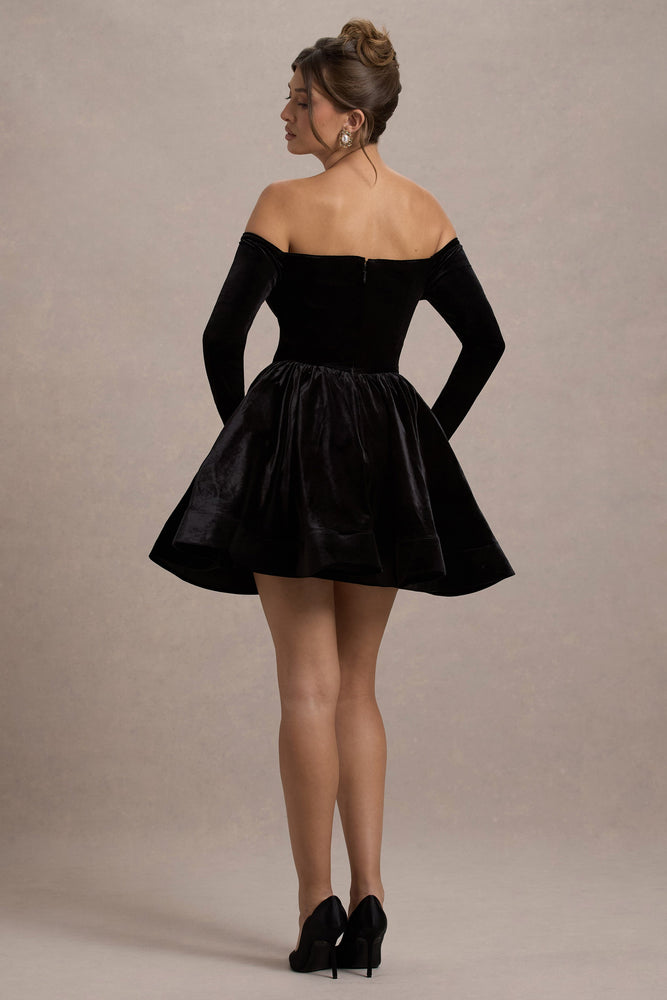 Ottie Black Velvet Bardot Skater Mini Dress – Club L London