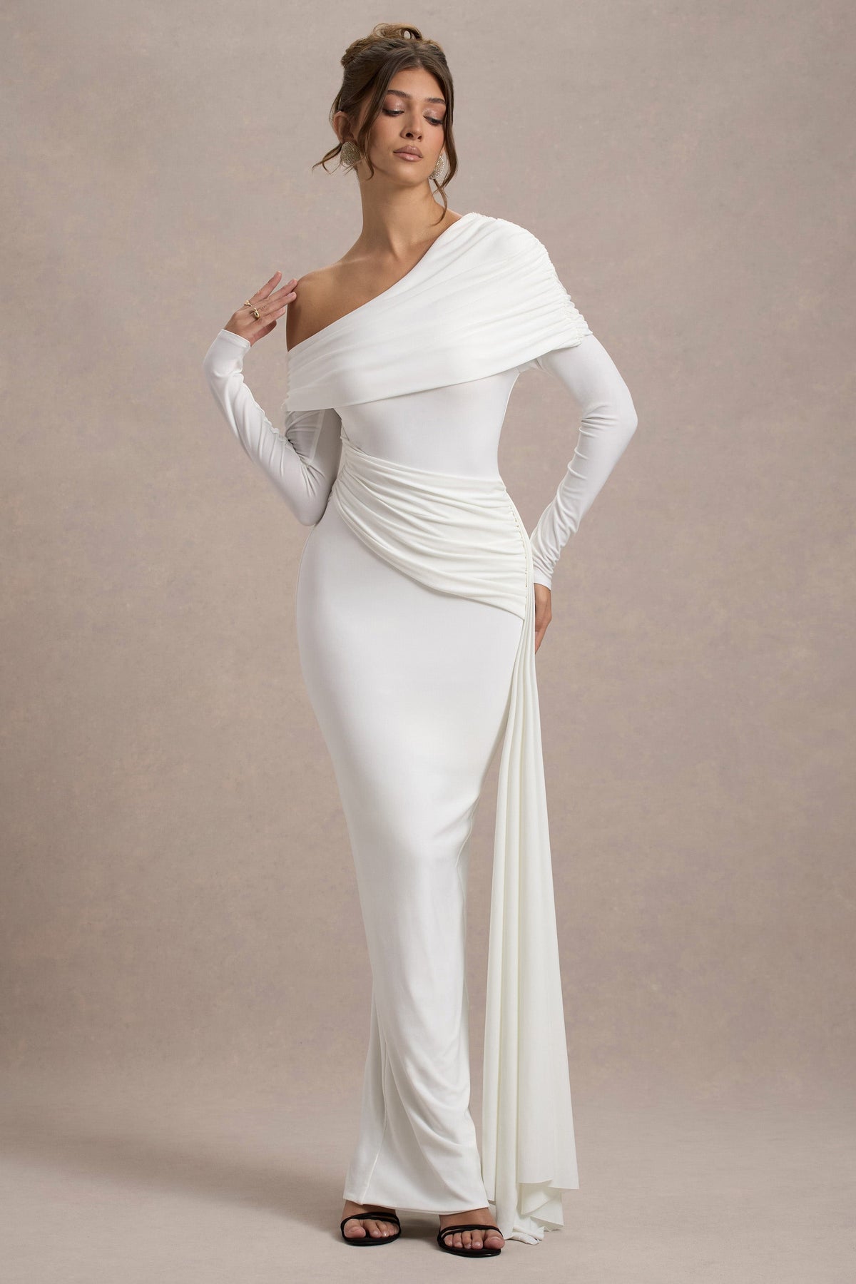 Valina | White Ruched Asymmetric Maxi Dress With Drape