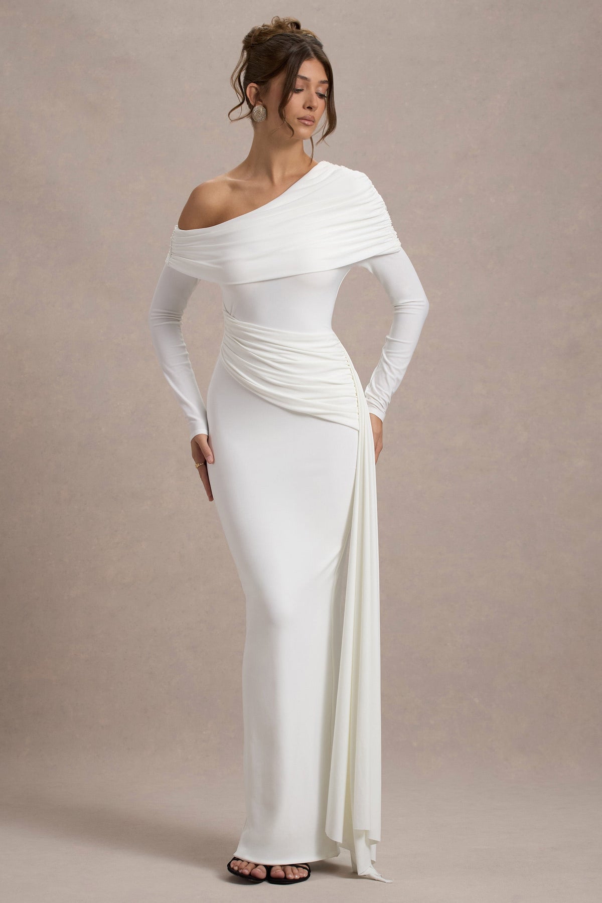 Valina | White Ruched Asymmetric Maxi Dress With Drape